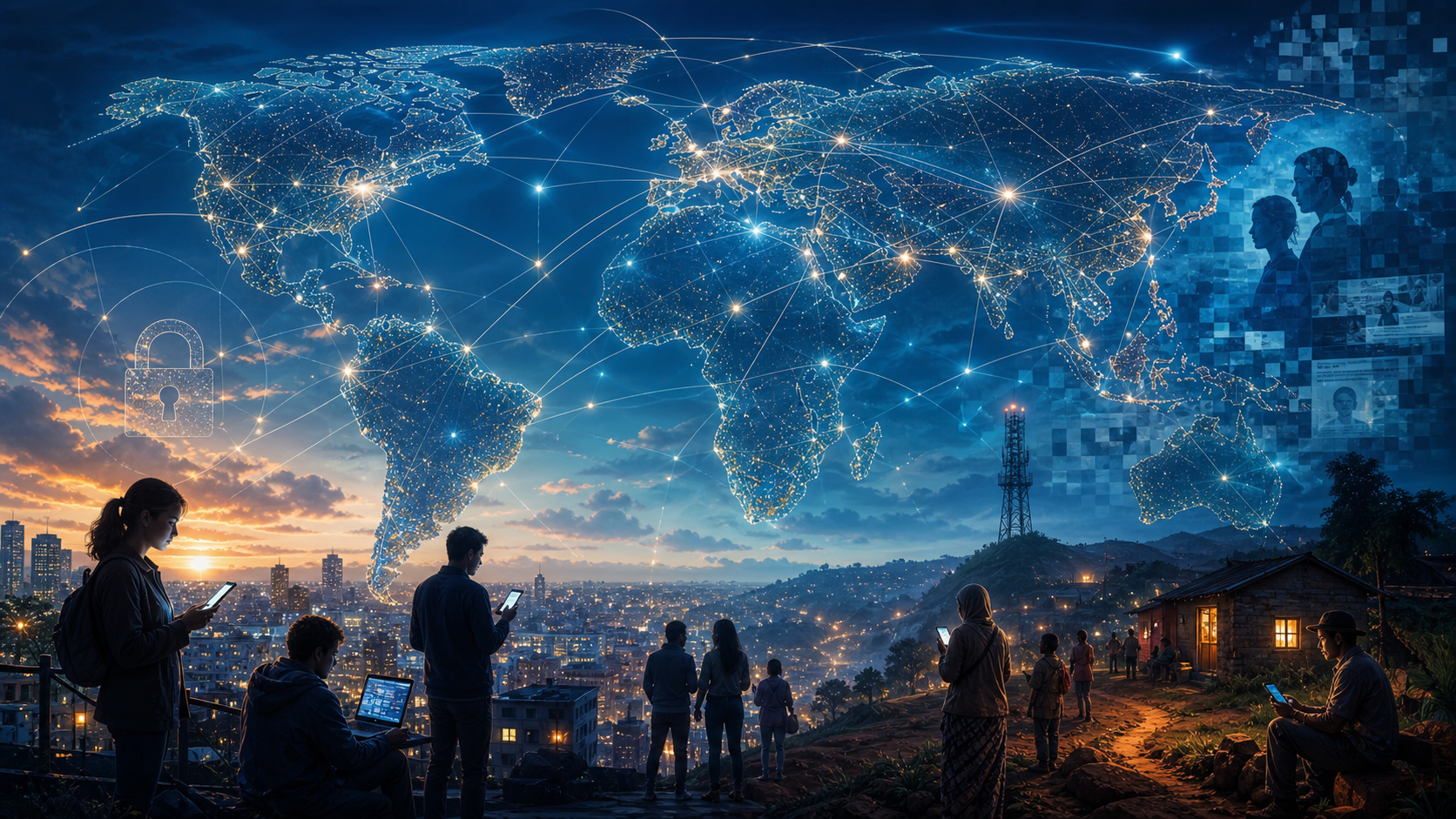 Red digital global que representa conexión, privacidad y brecha de acceso