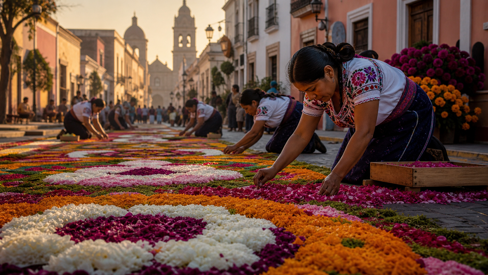 Artesanas elaboran tapetes monumentales de flores durante la Feria de la Dalia en Huamantla