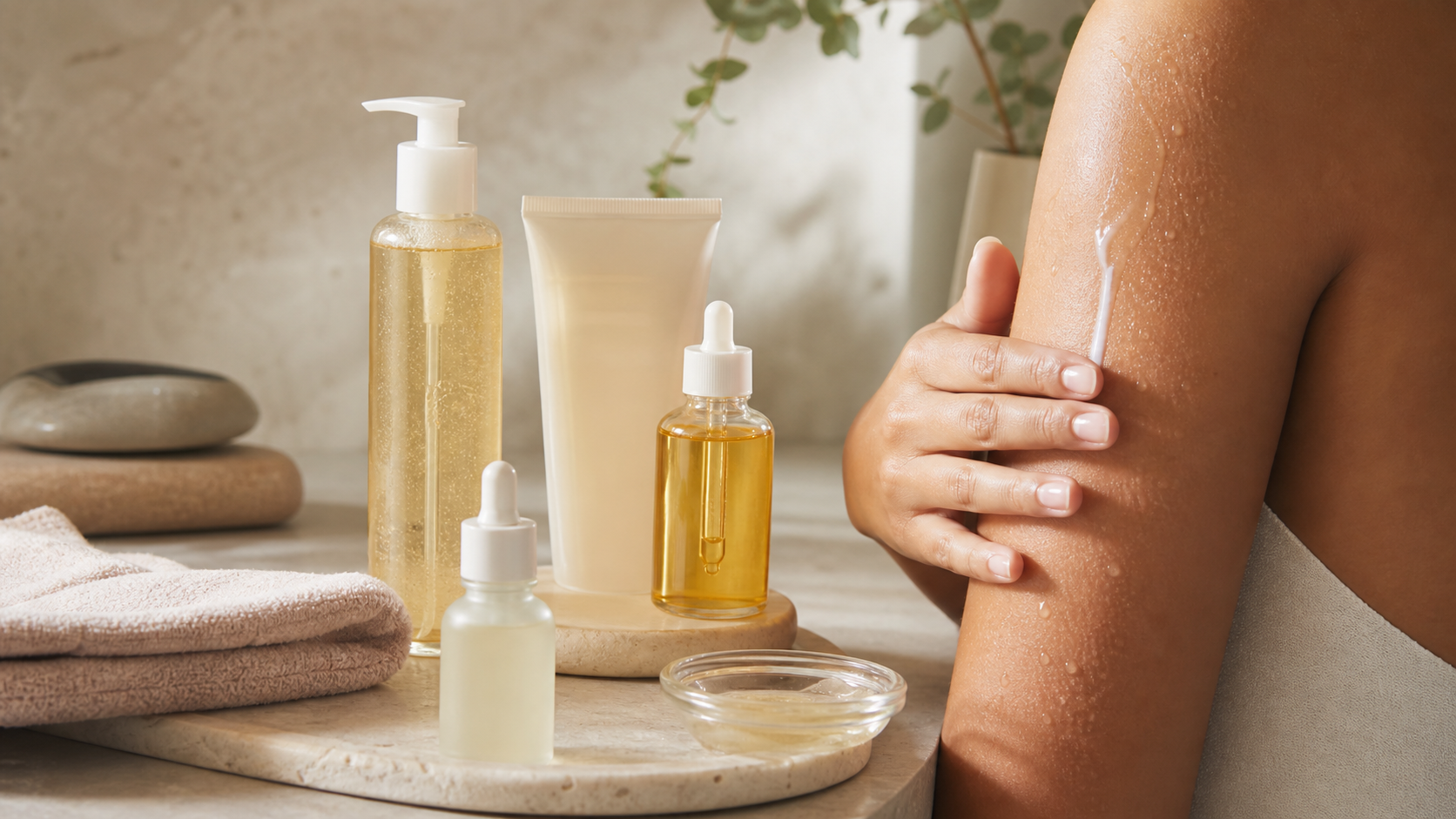 Rutina de skinification con sérums y productos de cuidado corporal